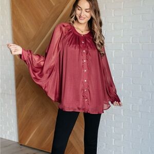 NWT JODIFL Wine Chiffon Bat-wing Sleeve Button-Up Cape Blouse L